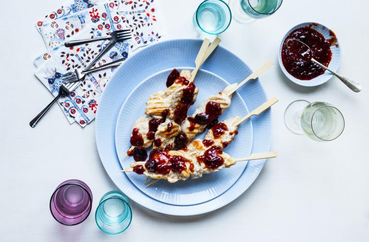 Chicken skewers with black cherry BBQ sauce